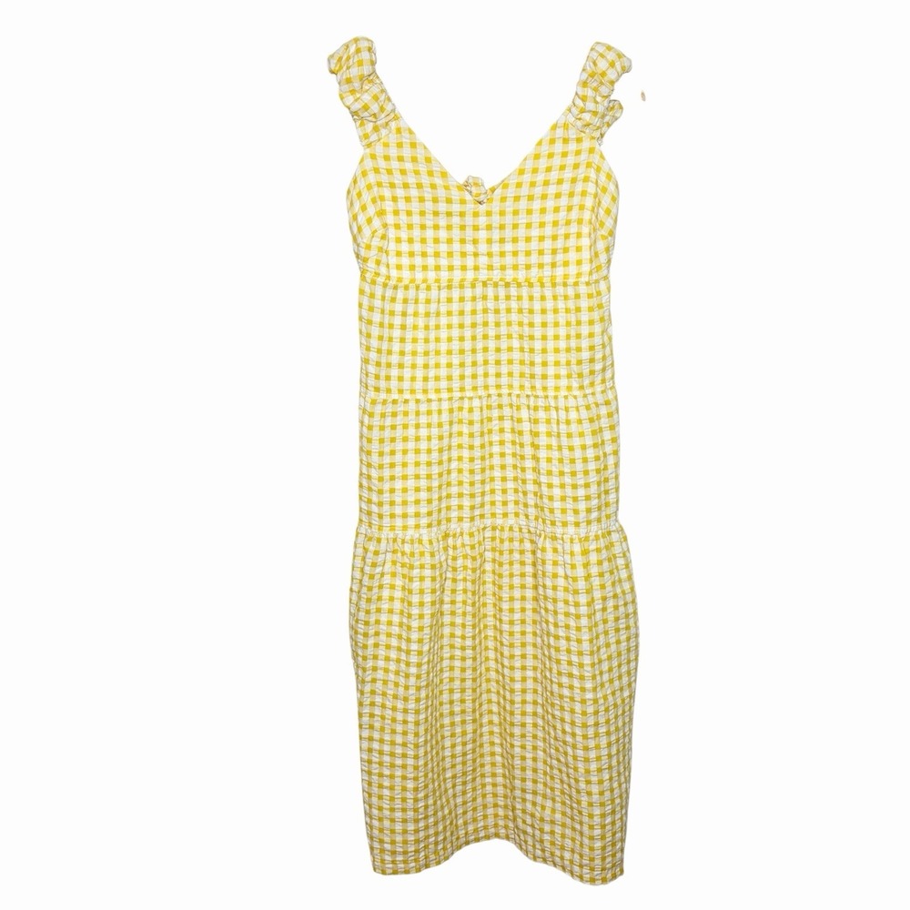 Old Navy Gingham Midi Dress Yellow Womens XS Milkmaid Cottagecore Preppy Tiered